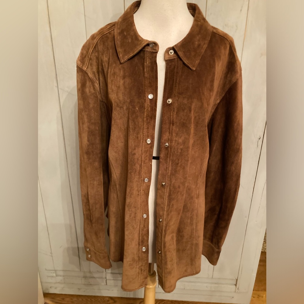 Caslon Women Size 3X Brown Suede Genuine Leather Snap Up Shirt Jacket Gorgeous